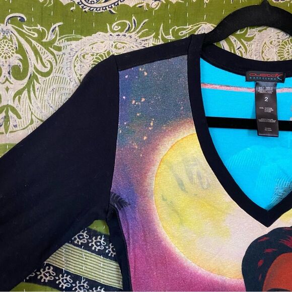 Rare Y2K Custo Barcelona Colorful Contrast Aloha Print Long Sleeve Top Size 2 - Picture 3 of 13